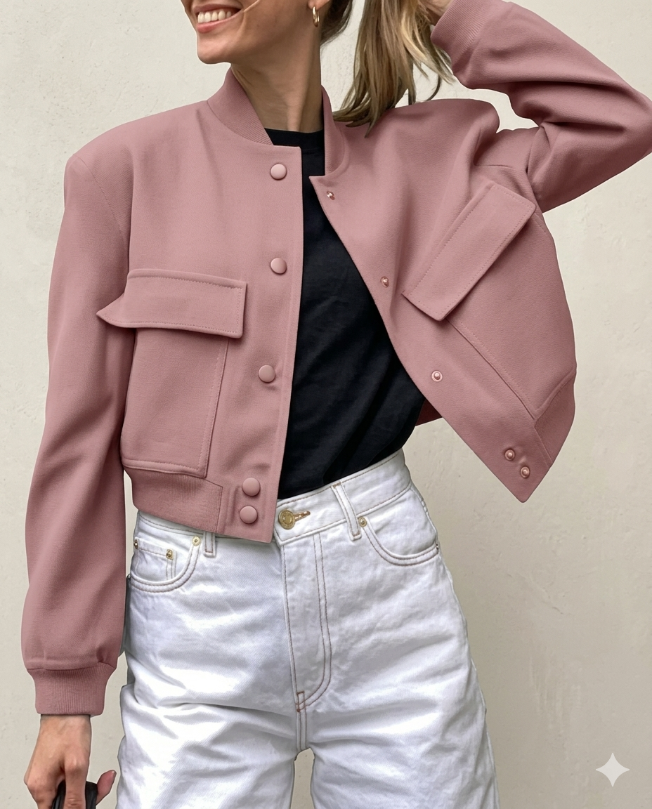 Women Bomber Jacket Casual Cropped Varsity Jacket with Pockets