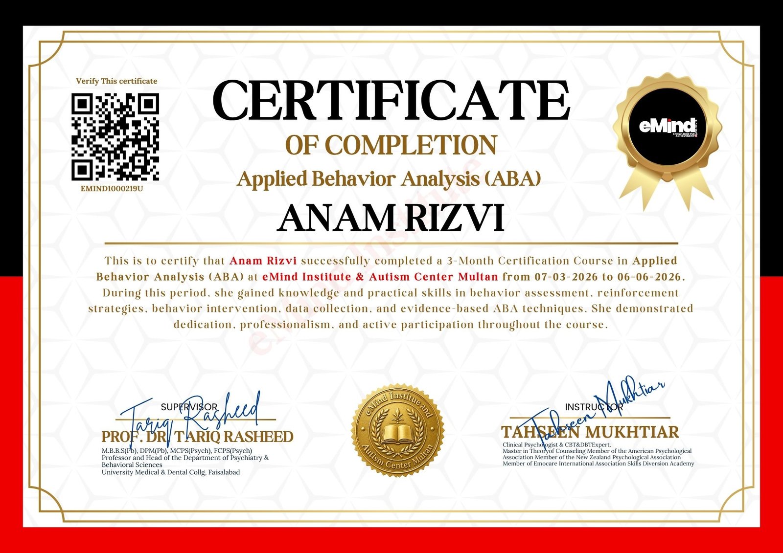 Sample eMind certificate of proficiency